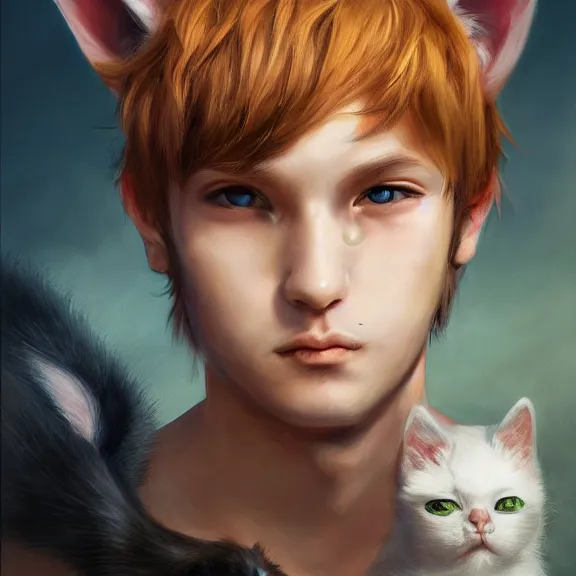 Prompt: boy with cat ears and tail, fantasy artwork, award winning, oil on canvas, hyper detailed, very very very very beautiful!, studio lighting, artstation