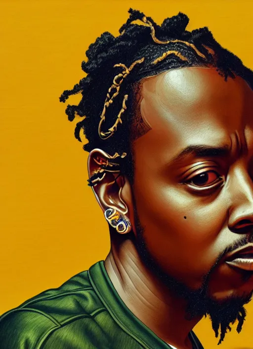 Prompt: : kendrick lamar,, intricate, sharp focus, illustration, highly detailed, digital painting, concept art, jahbu art and paul lewin and kehinde wiley, masterpiece
