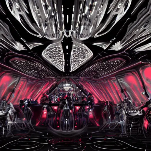 Prompt: ultra realist soft painting render of the inside of a futuristic bar, beautiful cyberwear armored cyborg dancers, crowded silhouettes, symmetry accurate features, very intricate details, black white red purple color palette, masterpiece award winning, cinematic lighting, focus, tom bagshaw artstyle