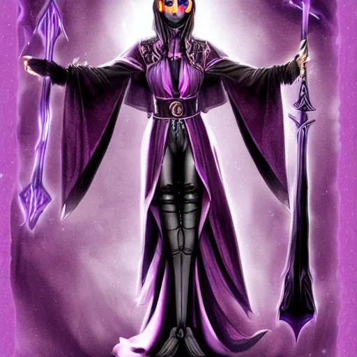 Prompt: an attractive female necromancer mage symmetrical, donned in black cloak with purple staff