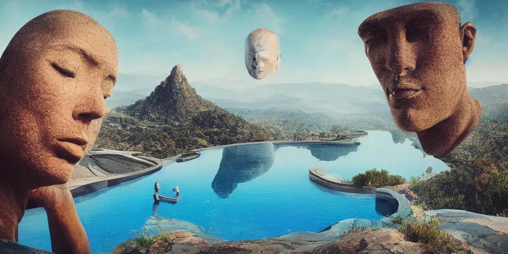 Image similar to artgem and Beeple masterpiece, hyperrealistic surrealism, wide angle landscape in California, award winning masterpiece with incredible details, epic stunning, infinity pool, a surreal liminal space, highly detailed, trending on ArtStation, calming, meditative, surreal, sharp details, dreamscape, giant head statue ruins, astronaut, crystal clear water