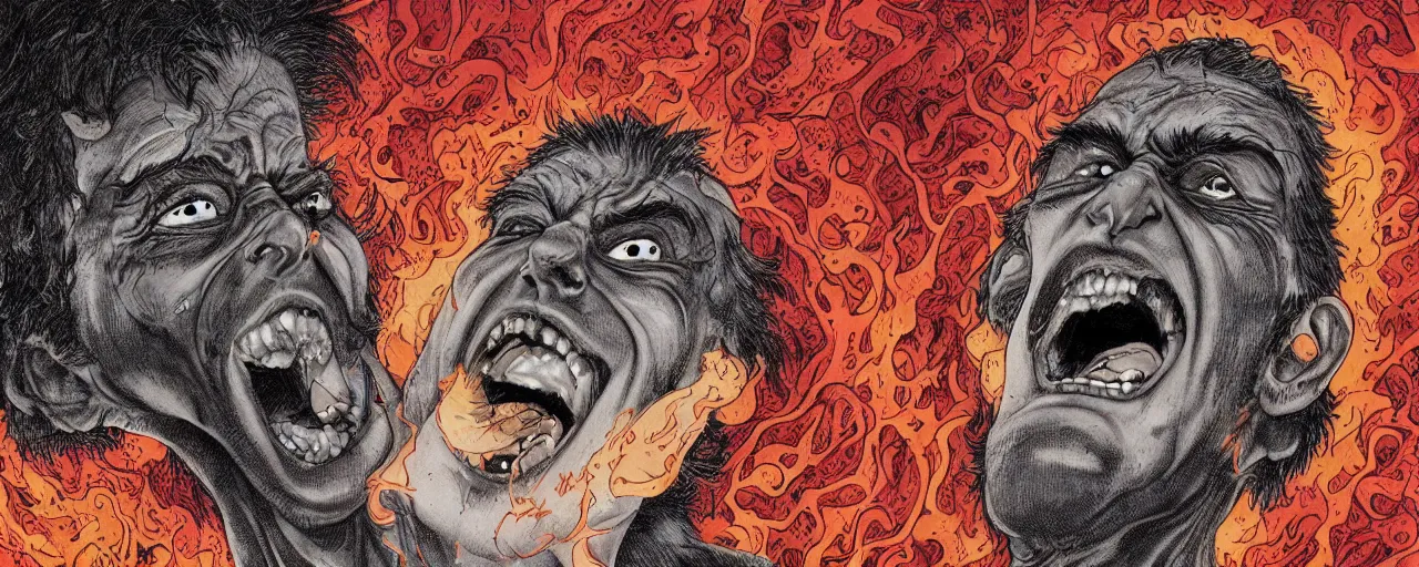 Prompt: portrait of a mad man screaming and laughing with lava bursting from the eyes, black ink stain, by josan gonzales, max prentis,