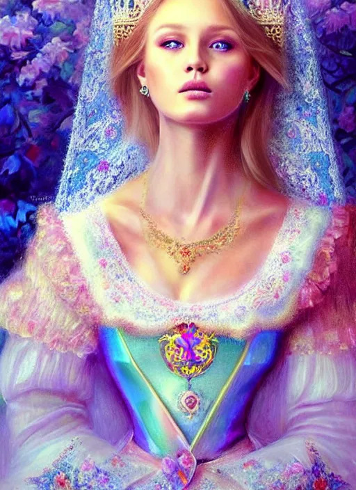 Image similar to Russian princess Erika looking at the camera while in a vivid dream world. soft detailed painting at 16K resolution and amazingly epic visuals. epically beautiful image. amazing effect, image looks gorgeously crisp as far as it's visual fidelity goes, absolutely outstanding. vivid clarity. ultra detail. iridescent. mind-breaking. mega-beautiful pencil shadowing. beautiful face. Ultra High Definition. soft shading. soft texture. intensely beautiful.