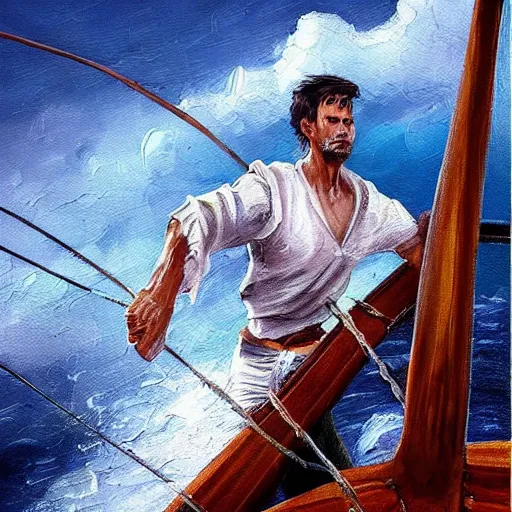 Image similar to stunning painting of a man holding the wheel on a schooner ship during a strong storm, epic concept art