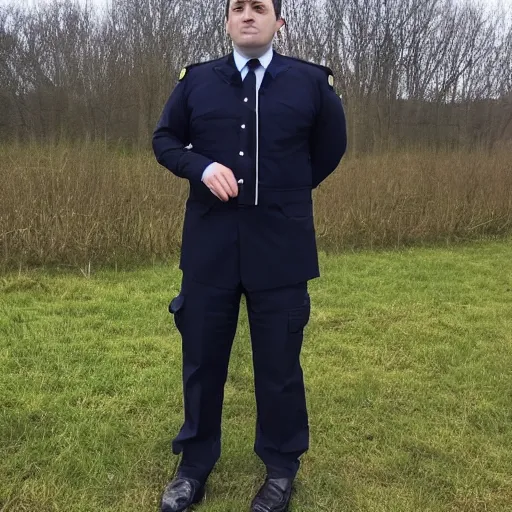 Prompt: clean - shaven chubby 3 4 year old caucasian man from uk wearing navy police sweater and necktie and black boots and police helmet. he is standing in a field.