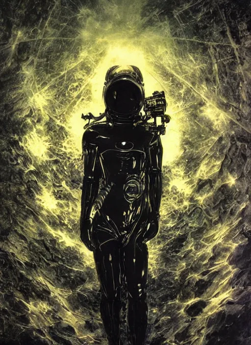 Image similar to astronaut in dark void underwater - complex and hyperdetailed suit. reflection and dispersion materials. rays and dispersion of light. glowing lights. volumetric light. f / 3 2. noise film photo. flash photography. ultra realistic, wide angle. poster by wayne barlowe, hajime sorayama aaron horkey, craig mullins