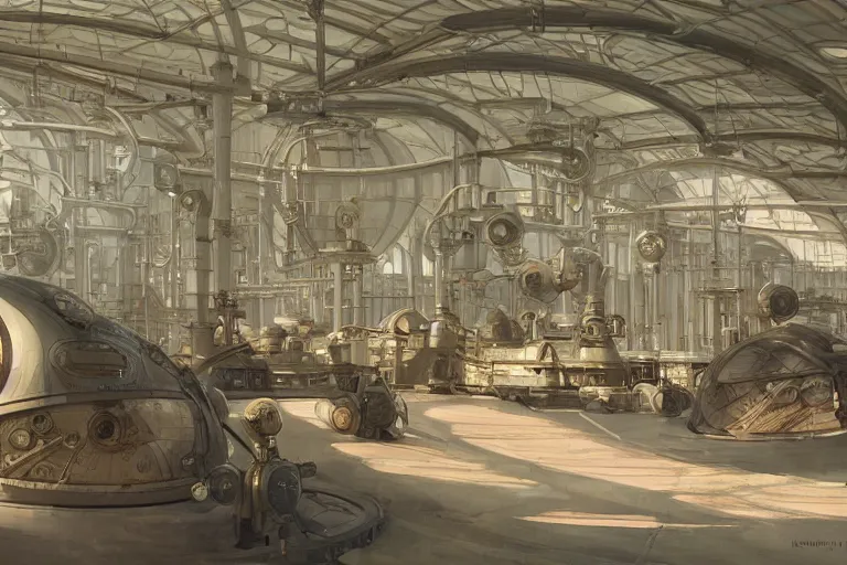 Image similar to a beautiful science fiction factory with spherical design by starwars and army in the french countryside during spring season, highly detailed painting by studio ghibli hd and louis remy mignot hd and leyendecker hd, nice afternoon lighting, smooth tiny details, soft and clear shadows, low contrast, perfect