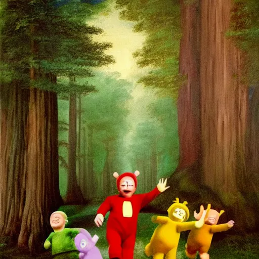 Prompt: teletubbies chasing a man through a redwood forest at night, baroque period, oil on canvas, renaissance masterpiece.