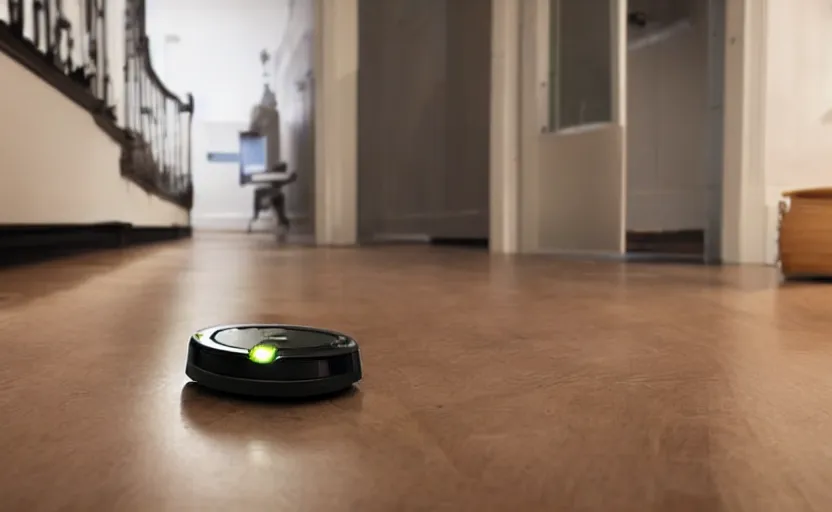 Prompt: A roomba avoiding danger in a dungeon owned by amazon