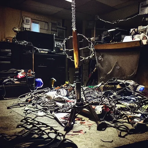 Image similar to “a photo of a big claymore sword that is wrapped in cables and chains and embedded in a computer monitor screen standing up. The sword is in the center of a dark, filthy, dimly lit room filled with server racks and server cables hanging everywhere. The ground of the room is littered and covered with garbage and trash everywhere. It is dark and there are no lights. Cursed image. Nikon Coolpix.”