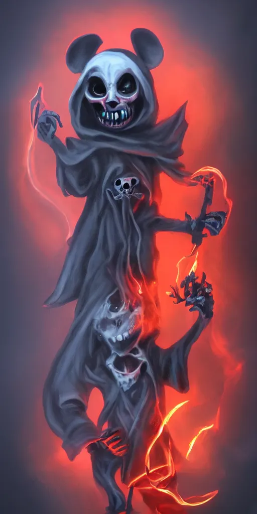 Image similar to a ghostly anthropomorphic rat with skull face and glowing red eyes wearing black tattered robes and holding two blue flames, grim reaper except a rat, photorealistic, artstation