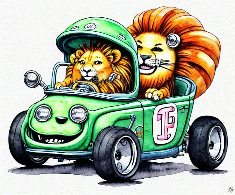 Image similar to cute and funny, lion wearing a helmet riding in a tiny hot rod with oversized engine, ratfink style by ed roth, centered award winning watercolor pen illustration, isometric illustration by chihiro iwasaki, edited by range murata, tiny details by artgerm and watercolor girl, symmetrically isometrically centered, focused