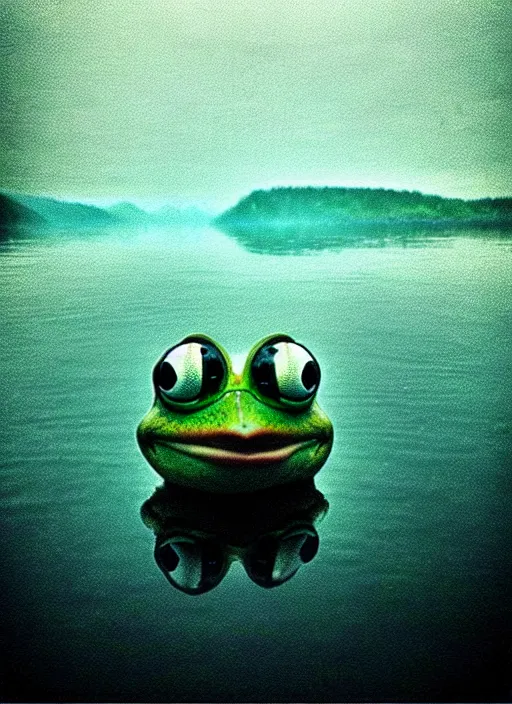 Prompt: “pepe the frog vertically hovering above misty lake waters in jesus christ pose, low angle, long cinematic shot by Andrei Tarkovsky, paranormal, eerie, mystical”