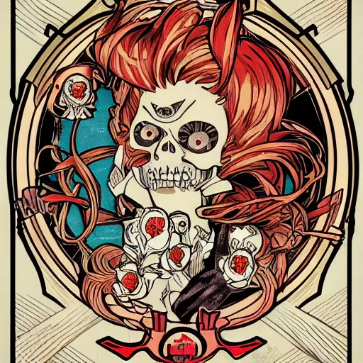 Image similar to anime manga skull portrait girl female skeleton illustration ren stimpy looneytoons art Geof Darrow and cuphead alphonse mucha pop art nouveau