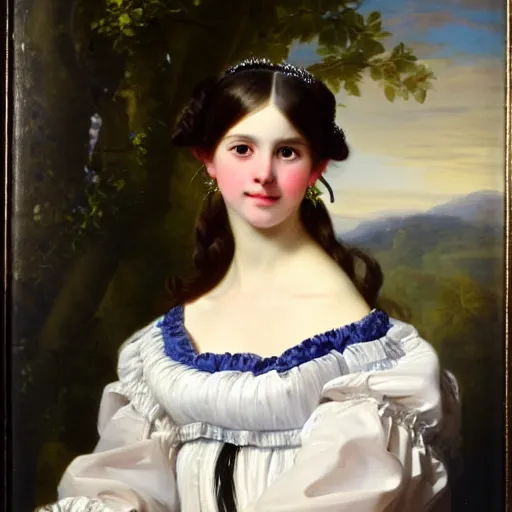 Image similar to portrait of a german teenage princess, circa 1 8 5 0 by franz xaver winterhalter, highly detailed, beautiful, oil on canvas, 1 8 5 0 s, romanticism