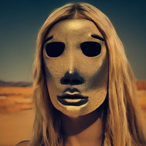 Image similar to The full body shot of beautiful pale lady with a while flower and full-face golden mask in a rocky desert background, multiple eyes and eyes reflection, long hair, photography, wide shot, day, cinematic composition, practical effects, award winning photo, 8k