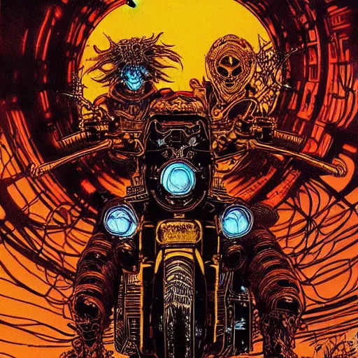 Image similar to infernal motorbiker, atmospheric lighting, painted, intricate, golden hour, ultra detailed by philippe druillet