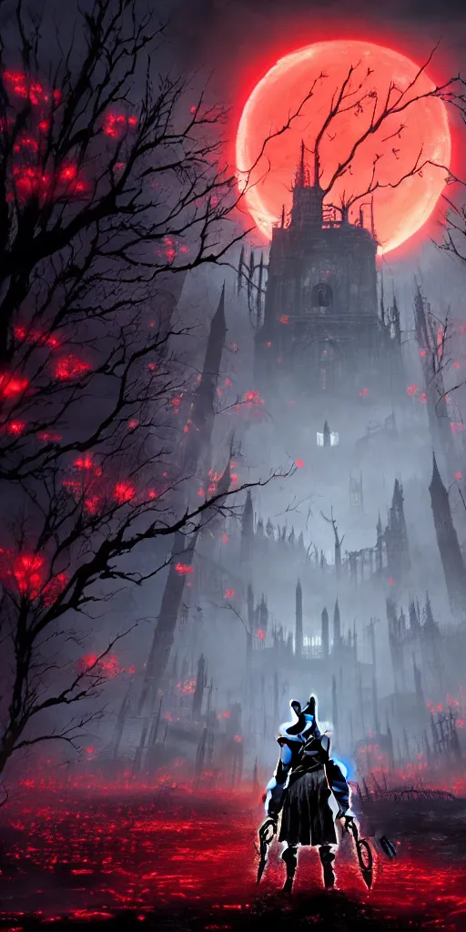 Image similar to abandoned bloodborne old valley with a person at the centre and a ruined city at the end, trees and stars in the background, falling red petals, epic red - orange moonlight, perfect lightning, illustration by niko delort and kentaro miura, 4 k, ultra realistic