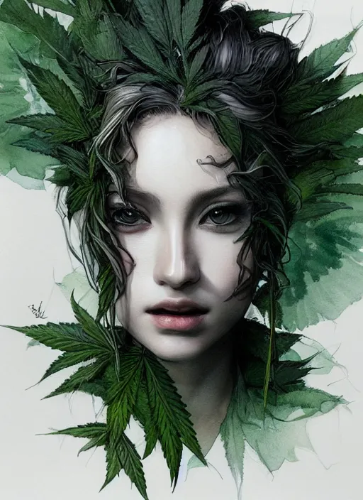 Image similar to Beautiful Female creature made of pot leaves, marijuana, watercolor, dramatic lighting, cinematic, establishing shot, extremely high detail, foto realistic, cinematic lighting, pen and ink, intricate line drawings, by Yoshitaka Amano, Ruan Jia, Kentaro Miura, Artgerm, post processed, concept art, artstation,