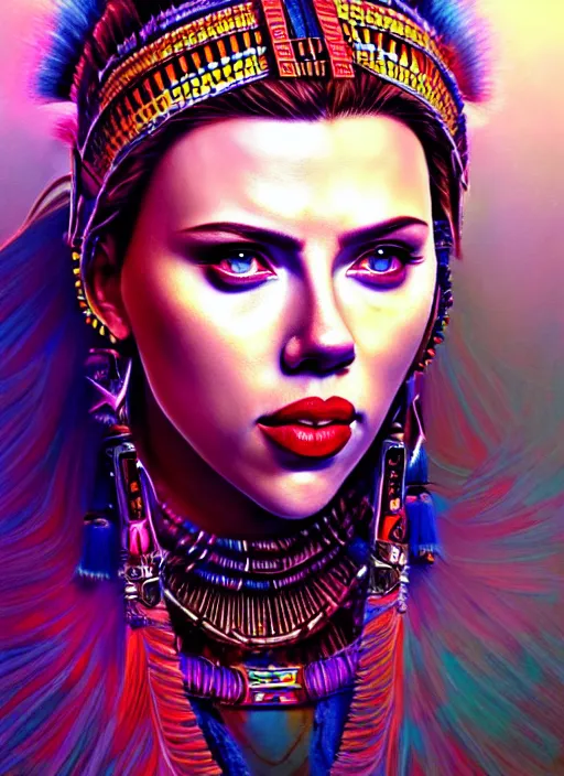 Image similar to portrait of scarlett johansson, hyper detailed ultra sharp aztec shaman warrior. trending on artstation, warpaint aesthetic, bloodwave, colorful, psychedelic, ornate, intricate, digital painting, concept art, smooth, sharp focus, illustration, art by artgerm and greg rutkowski and h. r. giger, 8 k