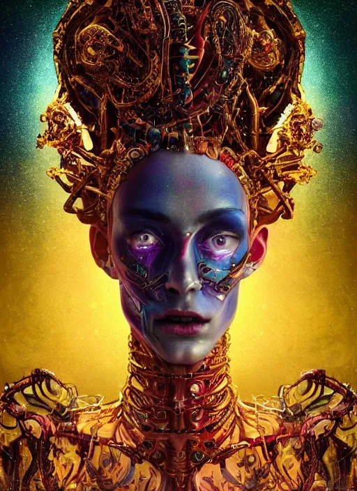 Prompt: vivid maximalist portrait of menacing, anxious, agitated yet stunningly beautiful biomechanical djinn the unwilling god of creation overseeing the iridescent fabric of the universe, by charlie bowater, mandy jurgens, gustav klimt, octane render, dramatic camera angle, 4k, 8k, high detail, HDR, by tom bagshaw, powerful, with inspiration from Beksinski, inspired by greek goddess Athena