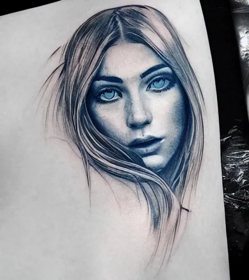 Image similar to tattoo design sketch of a beautiful blue - eyed woman face with a faded background of beautiful mountains and nature on her side, hyper - realistic, in the style of den yakovlev, amazing detail, black and white