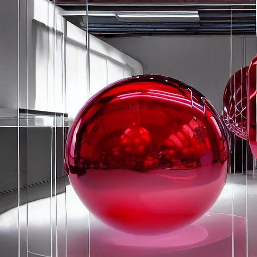 Prompt: chrome spheres on a red cube by masao saito