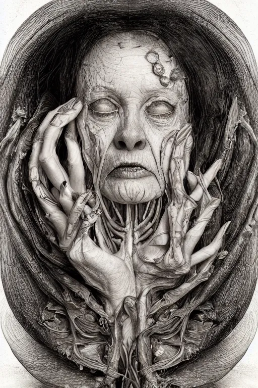 Image similar to Detailed maximalist portrait of a beautiful old woman with large lips and eyes, scared expression, botanical skeletal with extra flesh, HD mixed media, 3D collage, highly detailed and intricate, surreal illustration in the style of Caravaggio, dark art, baroque, centred in image