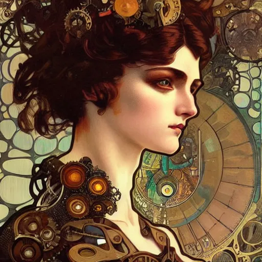 Prompt: close - up portrait of a beautiful female steampunk in the style of ex machina, karol bak, alphonse mucha, greg rutkowski,