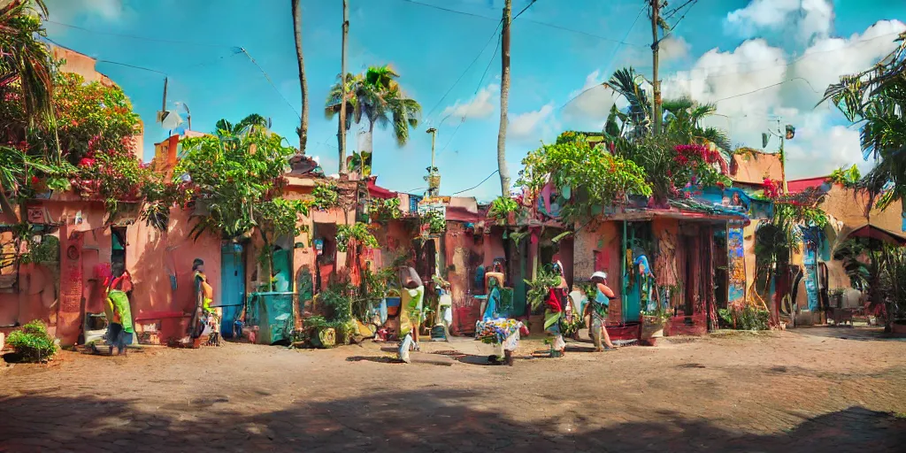 Prompt: An epic fantastic realism comic book style painting of the mexican colonial town environment with beautiful houses, exquisite bouquets from an happy culture, fisheye, unreal 5, DAZ, hyperrealistic, octane render, dynamic lighting