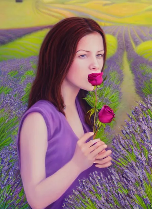 Prompt: girl eating a rose in a lavender field. by AquaSixio, hyperrealistic oil painting, 4k, very detailed faces