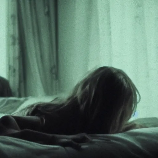 Image similar to movie still of a girl and a demon sleep paralysis, cinematic composition, cinematic light, criterion collection, by edgar wright and edgar allan poe