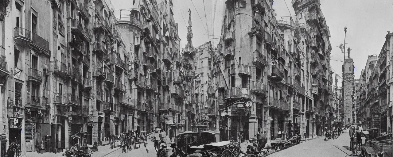 Image similar to barcelona in 1 9 1 8, street view, looking up, retrofuturism, steampunk, gothic quarter, modernist buildings, art deco, footbridges between houses, steam pipes, hyper detailed,