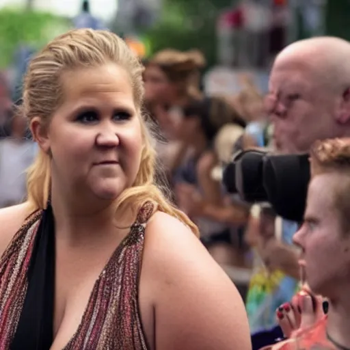 Image similar to amy schumer facing an unamused crowd, photorealistic