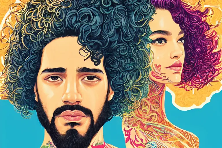 Image similar to hispanic girl medium length curly hair, and a bearded mixed race man with short curly hair, tristan eaton, victo ngai, artgerm, rhads, ross draws