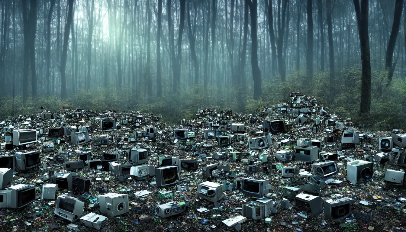 Image similar to decaying Luxury housing emerging form a forest landscape, piles of crt monitors littering the landscape, volumetric light , full colour ,4k