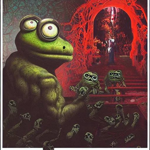 Image similar to a hyperrealistic painting of a haunted hotel lobby with spooky pepe the frog abducted by portals and aliens, random cows, cinematic horror by chris cunningham, lisa frank, richard corben, highly detailed, vivid color, beksinski painting, part by adrian ghenie and gerhard richter. art by takato yamamoto. masterpiece