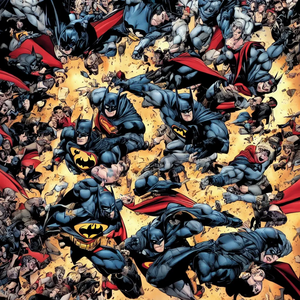 Image similar to batman defeating superman with a large croud watching