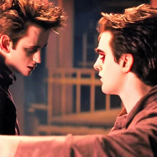 Prompt: buffy the vampire slayer fights twilight's edward cullen to the death, dramatic high - contrast film still, blue and orange rim lighting, iconic,