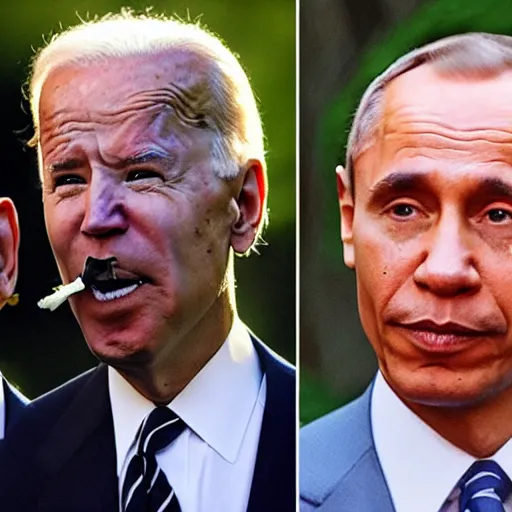 Prompt: joe biden smoking a fat blunt with obama and putin in the woods