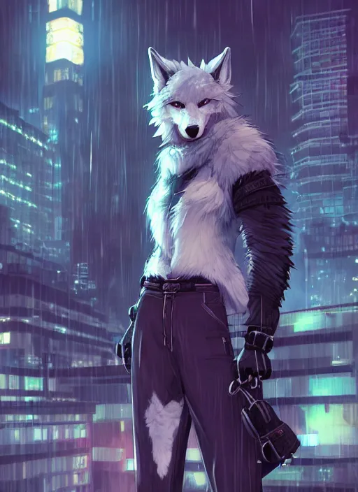 Prompt: character portrait of a male anthro wolf fursona with white fur, a tail and a cute beautiful attractive furry face wearing stylish cyberpunk clothes in a cyberpunk city at night while it rains. hidari, color page, tankoban, 4K, tone mapping, Akihiko Yoshida.