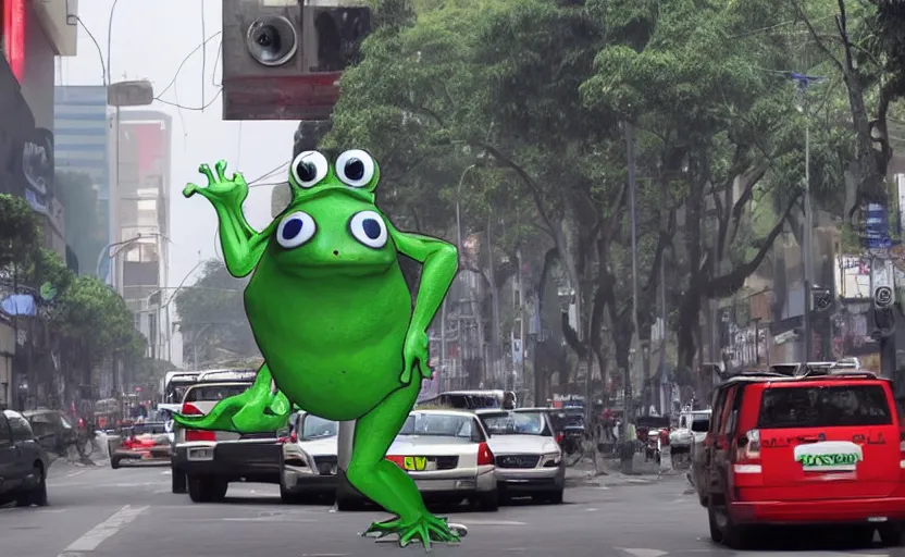 Prompt: a giant frog in the streets of mexico city, cctv footage