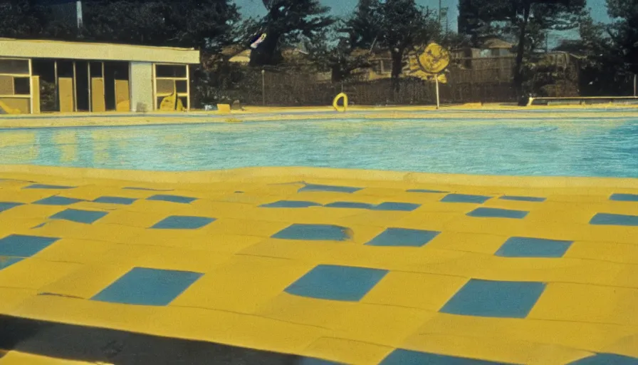 Prompt: 1 9 6 0 s movie still of empty yellow tiles swimmingpool, low quality, liminal space style