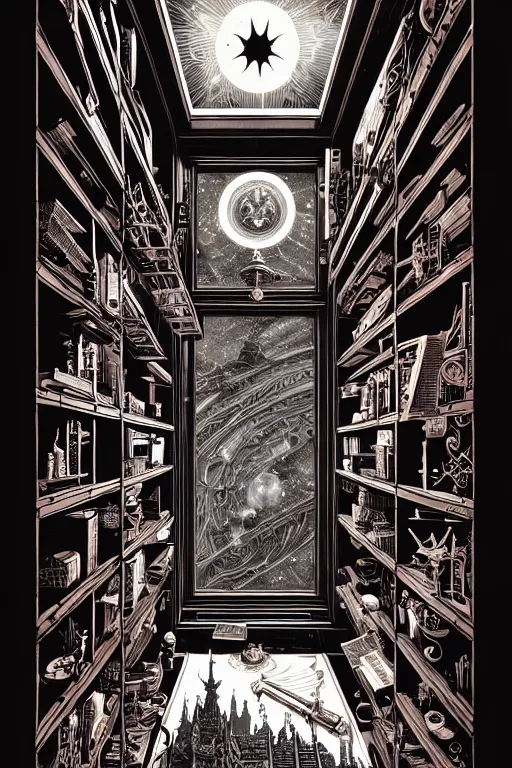 Image similar to a majestic steampunk alchemists bookshelf, two point perspective, furniture, high details, bold line art, by vincent di fate and joe fenton, inking, etching, screen print, masterpiece, trending on artstation, sharp, high contrast, hyper - detailed,, hd, 4 k, 8 k