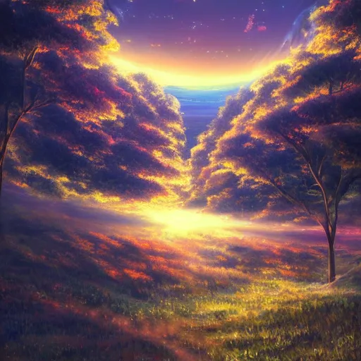 Prompt: a heavenly dream view from the interior of my cozy dream world filled with color from a Makoto Shinkai oil on canvas inspired pixiv dreamy scenery art majestic fantasy scenery fantasy pixiv scenery art inspired by magical fantasy exterior