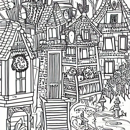 Prompt: an adult coloring book page of a fantasy village