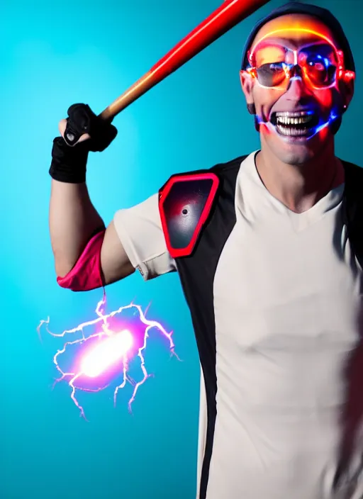 Prompt: guy with a baseball bat over the shoulder, bionic augments, evil smile, dressed in a t-shirt with an atomic explosion logo, colorful pants, sport shoes with led lightning,