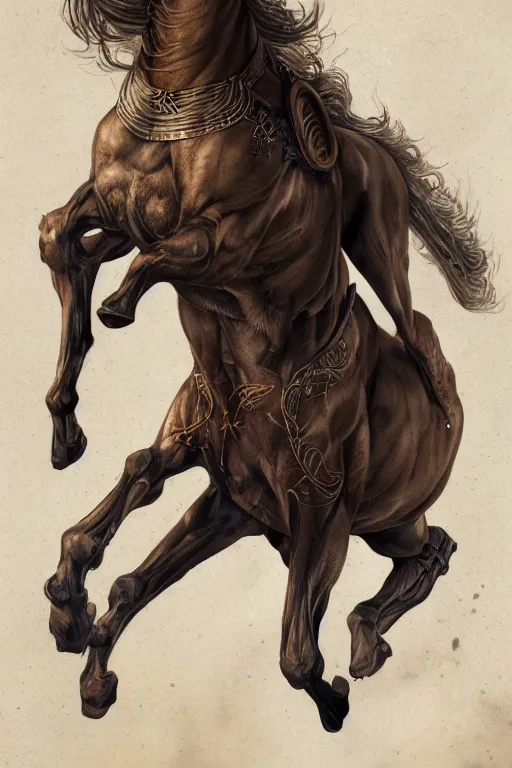 Image similar to 3 quarter view photography portrait of a prince stalion horse , organed, tatooed, intricate details, muscles, elegant, divine, illustrated by greg rutkowski and Akira Saito and Peter mohrbacher, 4k,