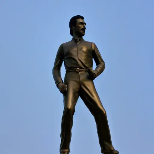 Image similar to Bronze sculpture of Freddie Mercury on the sky. Minimalism, high definition, 8k, High detail, perfect composition. Volumetric Lighting.