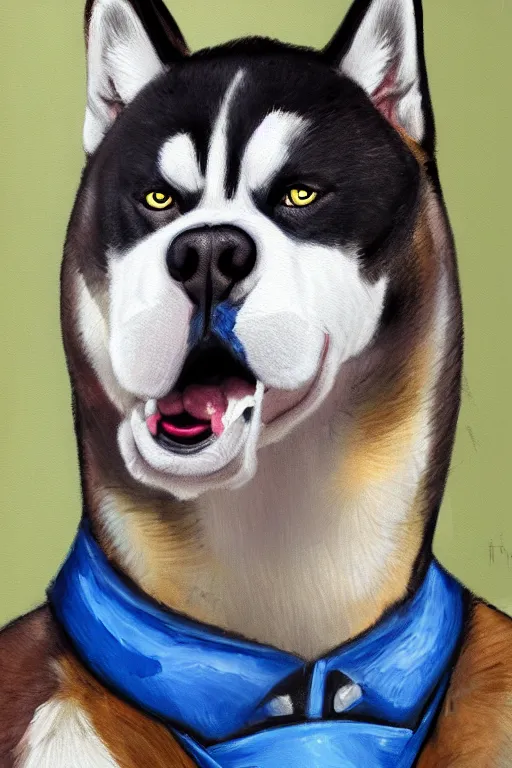 Image similar to a character design of a husky boxer in blue vest, portrait painting, anime, humanoid, anthropomorphic, personify, furry